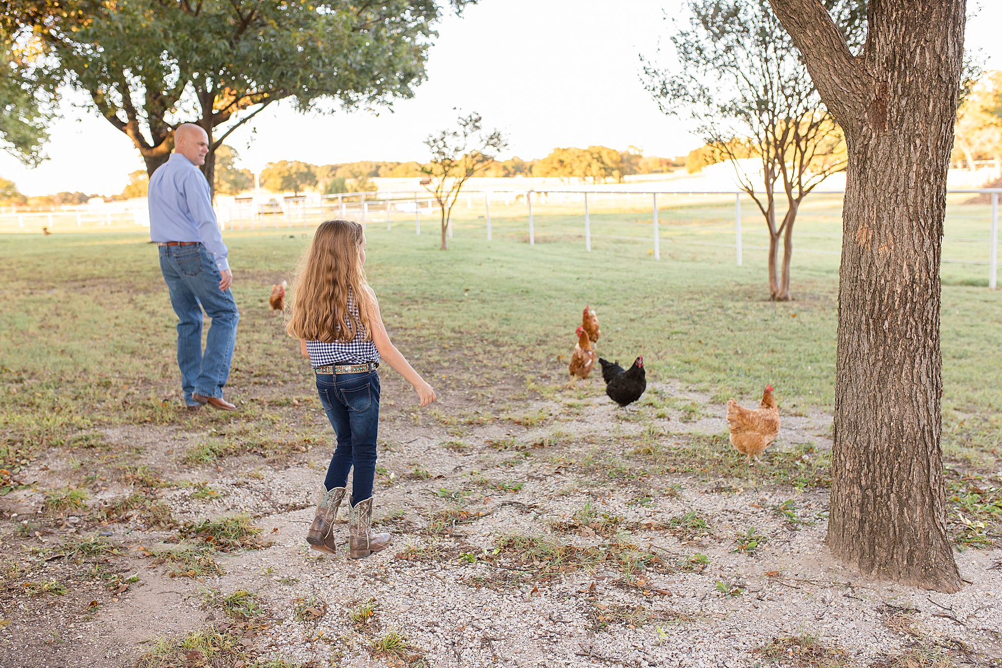 daughter feeds chicken on family farm