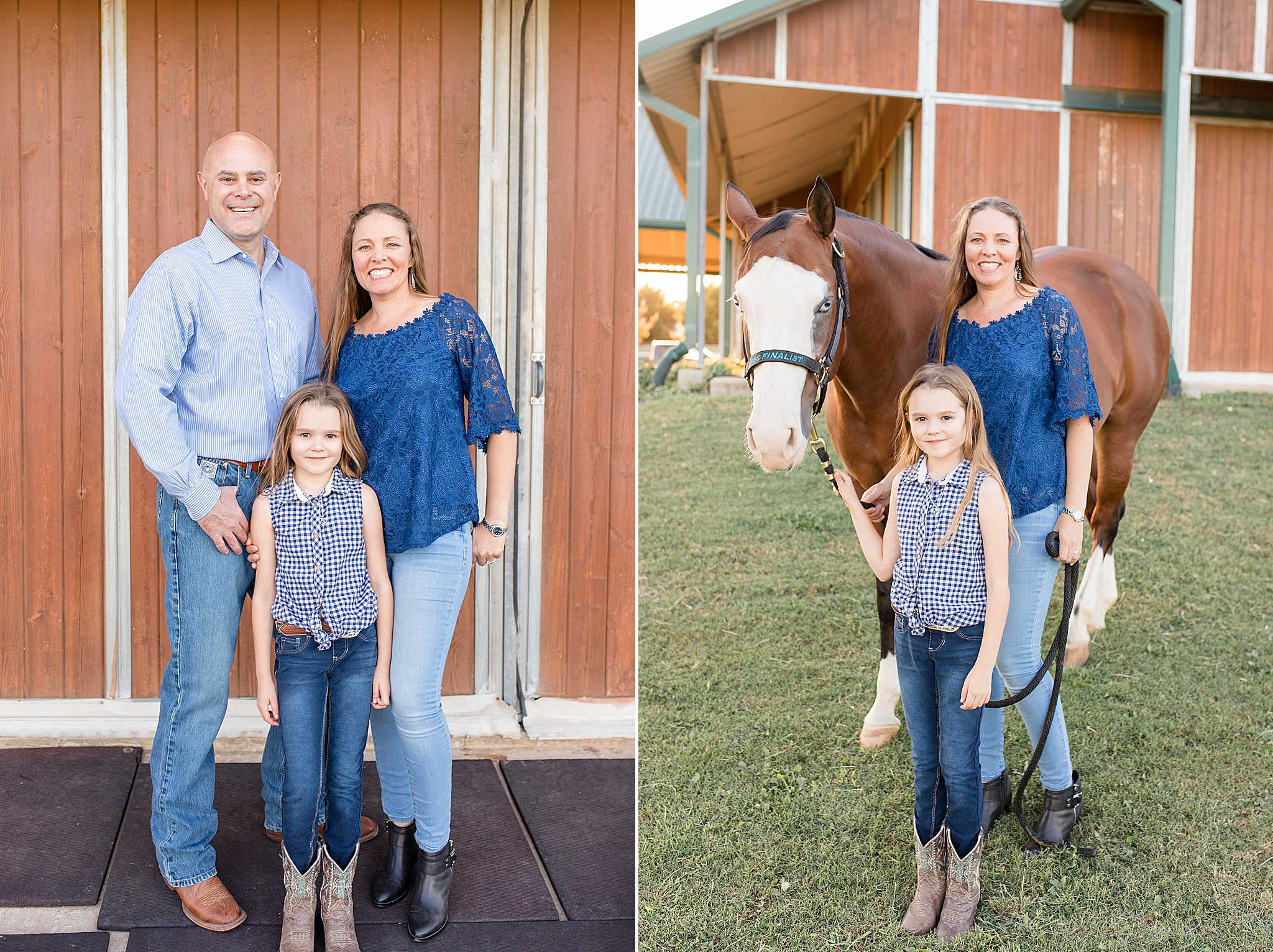 family poses by barn and with horse on McKinney family farm