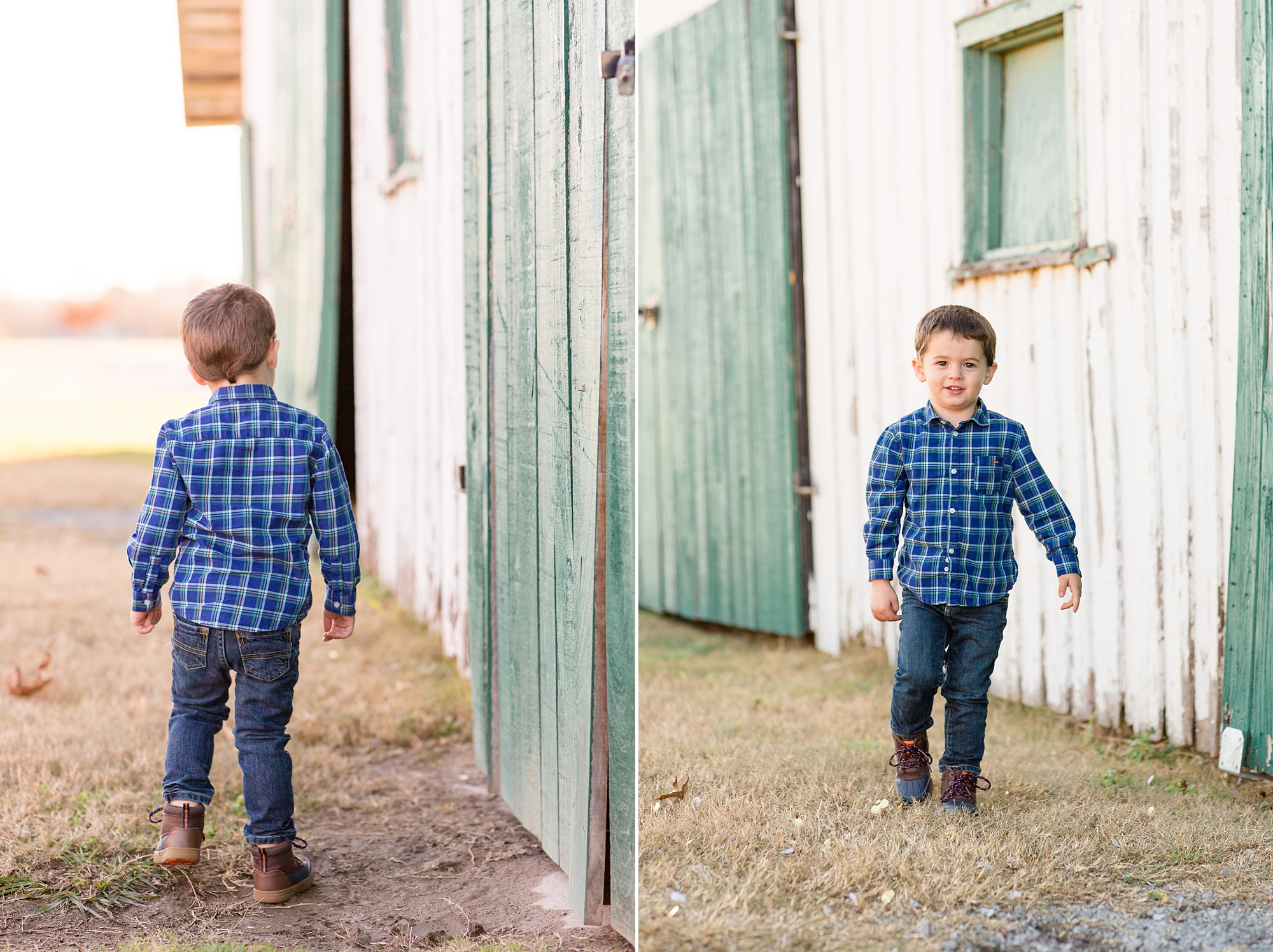 toddler plays on farm during Harlinsdale Farm family portraits