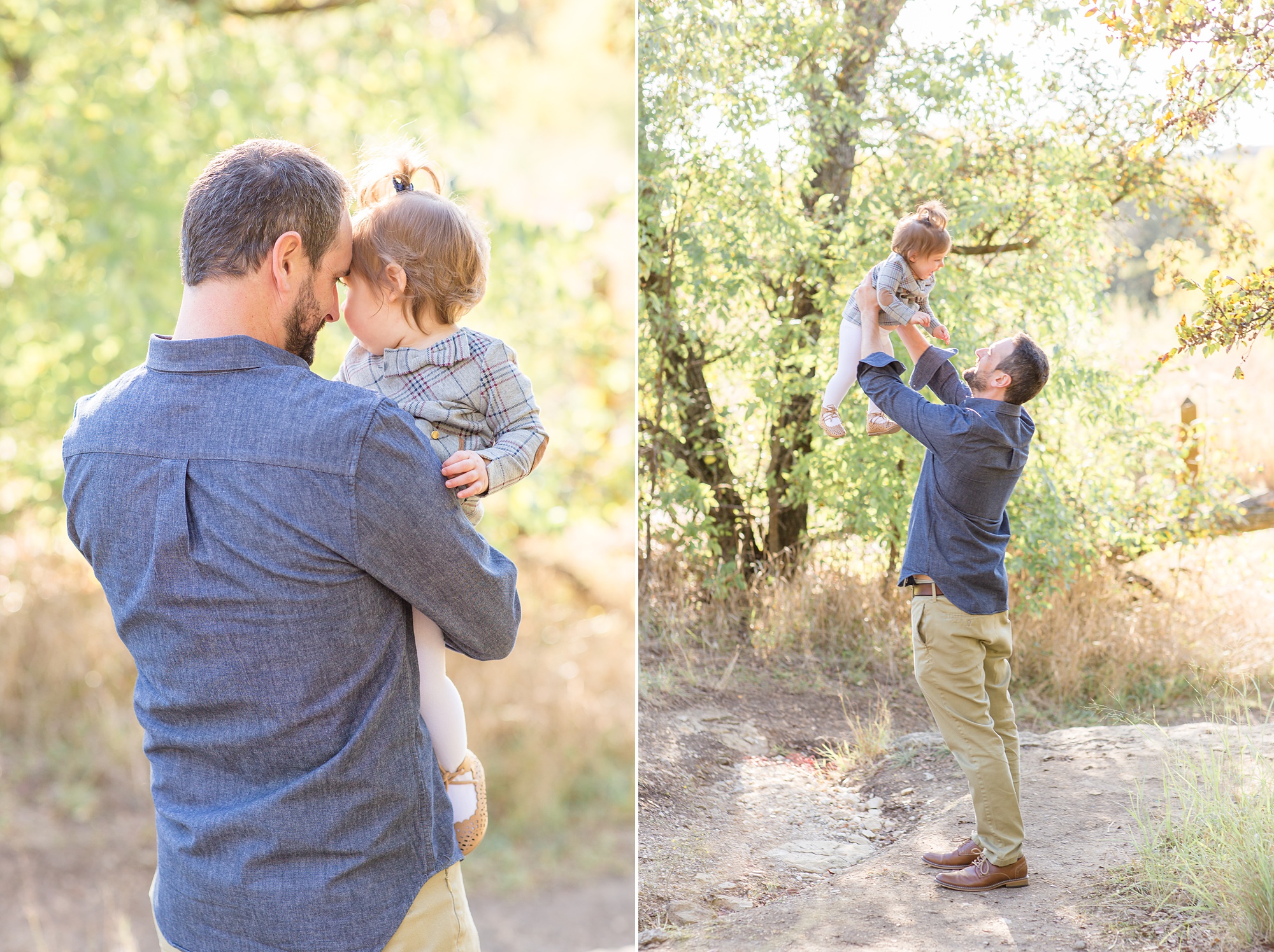 dad plays with toddler daughter during family portraits