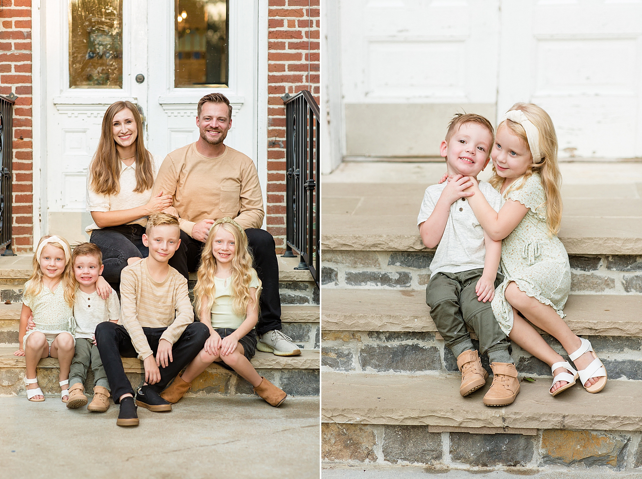 family of six poses on stone steps in TN