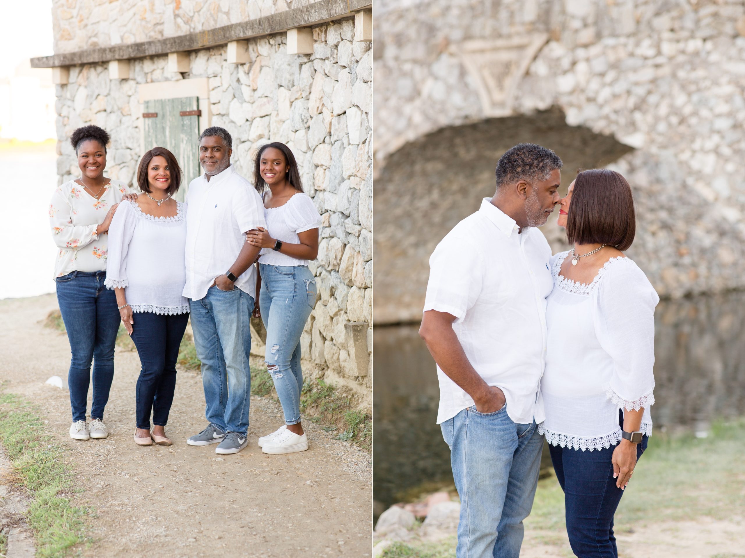 Mom and dad pose together and with daughter during spring family portrait session in McKinney, TX with family photographer Rebecca Rice Photography