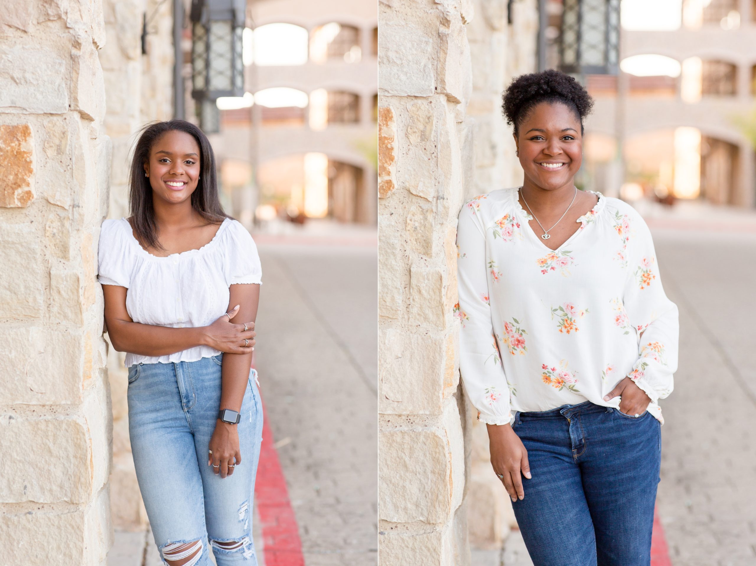 Daughters pose for portrait session in the spring at Adriatica Village in McKinney, TX with Rebecca Rice Photography