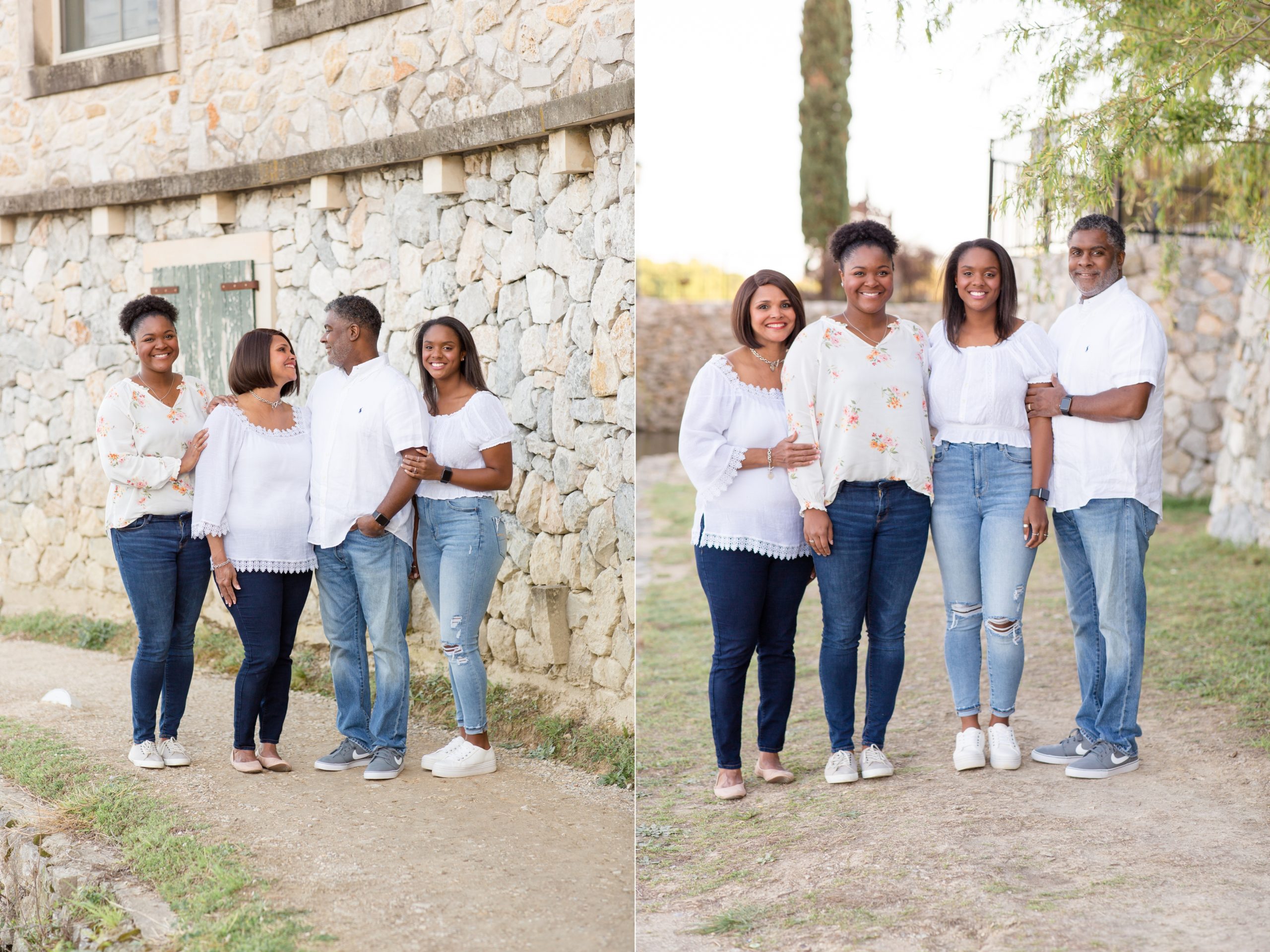 family poses in white for portrait session at Adriatica Village with family photographer Rebecca Rice Photography