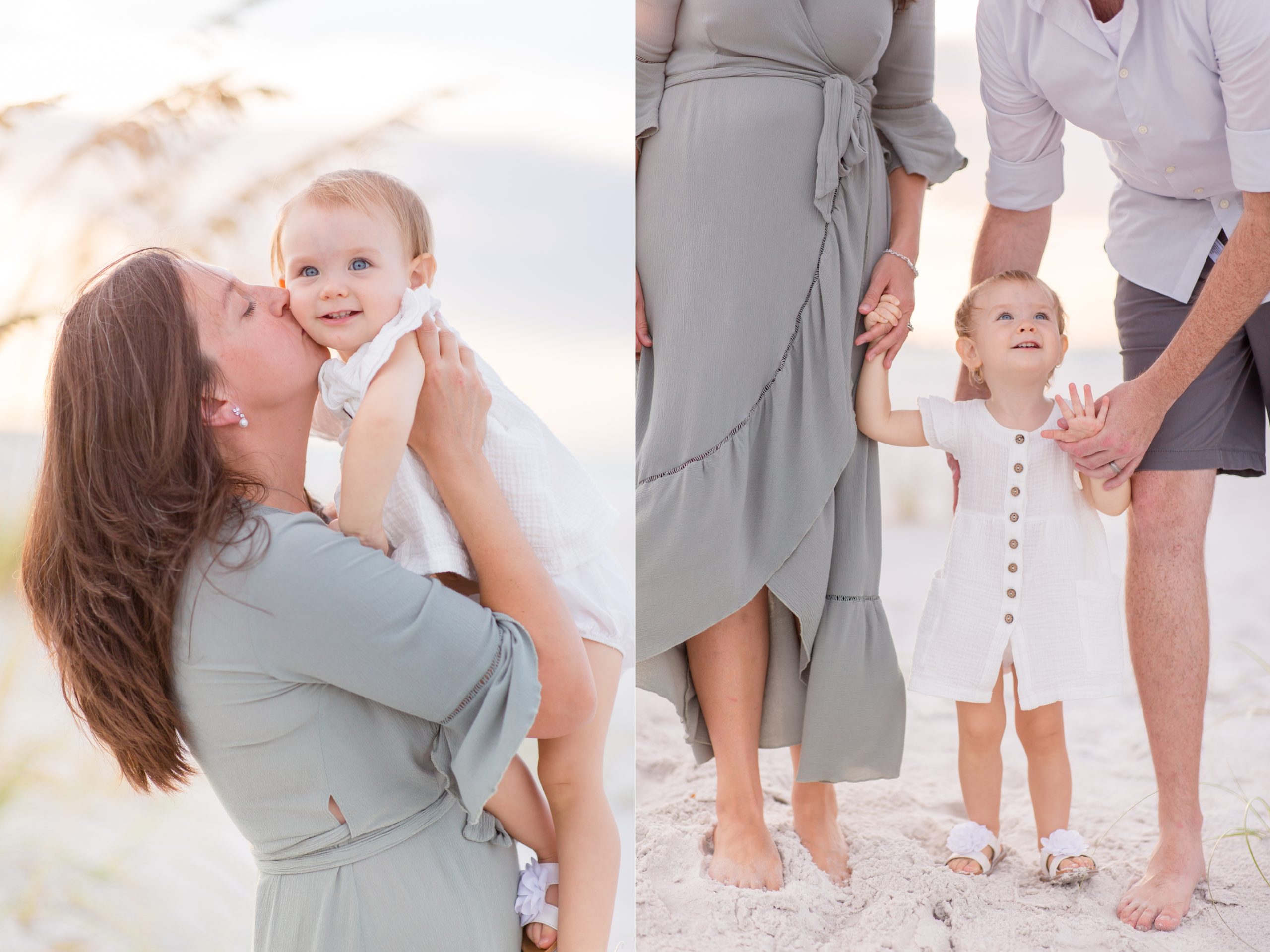 Parents pose with baby girl during beach family session with family photographer Rebecca Rice of Rebecca Rice Photography. Click to see more from this session on our blog now!
