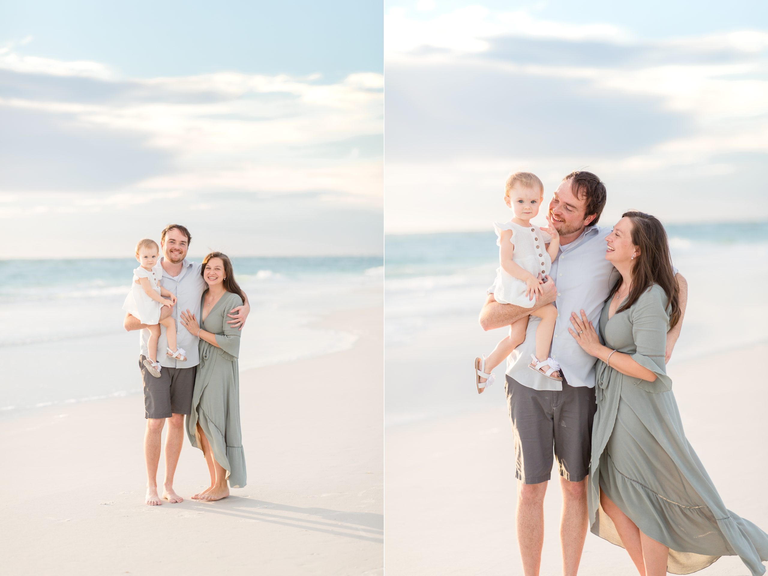 Family of 3 poses near water on Anna Maria Island in Florida during family portrait session with Rebecca Rice of Rebecca Rice Photography. Click to see more from this sweet session on the blog! 