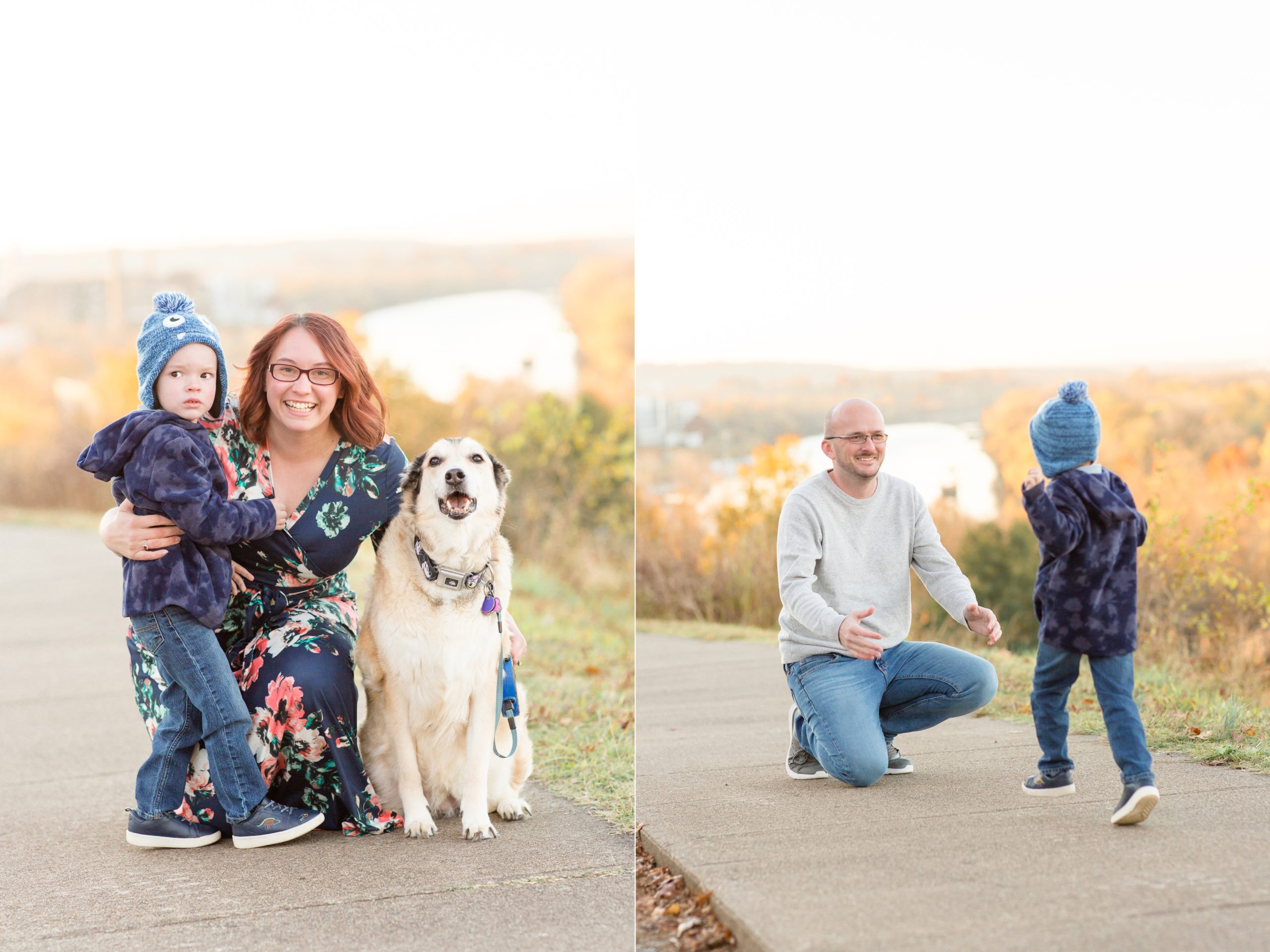 mom and dad pose with son in blue jacket and blue monster hat during portrait session at Libby Hill Park in Richmond, VA with family photographer Rebecca Rice Photography. Click to see more from this sweet session on the blog! 