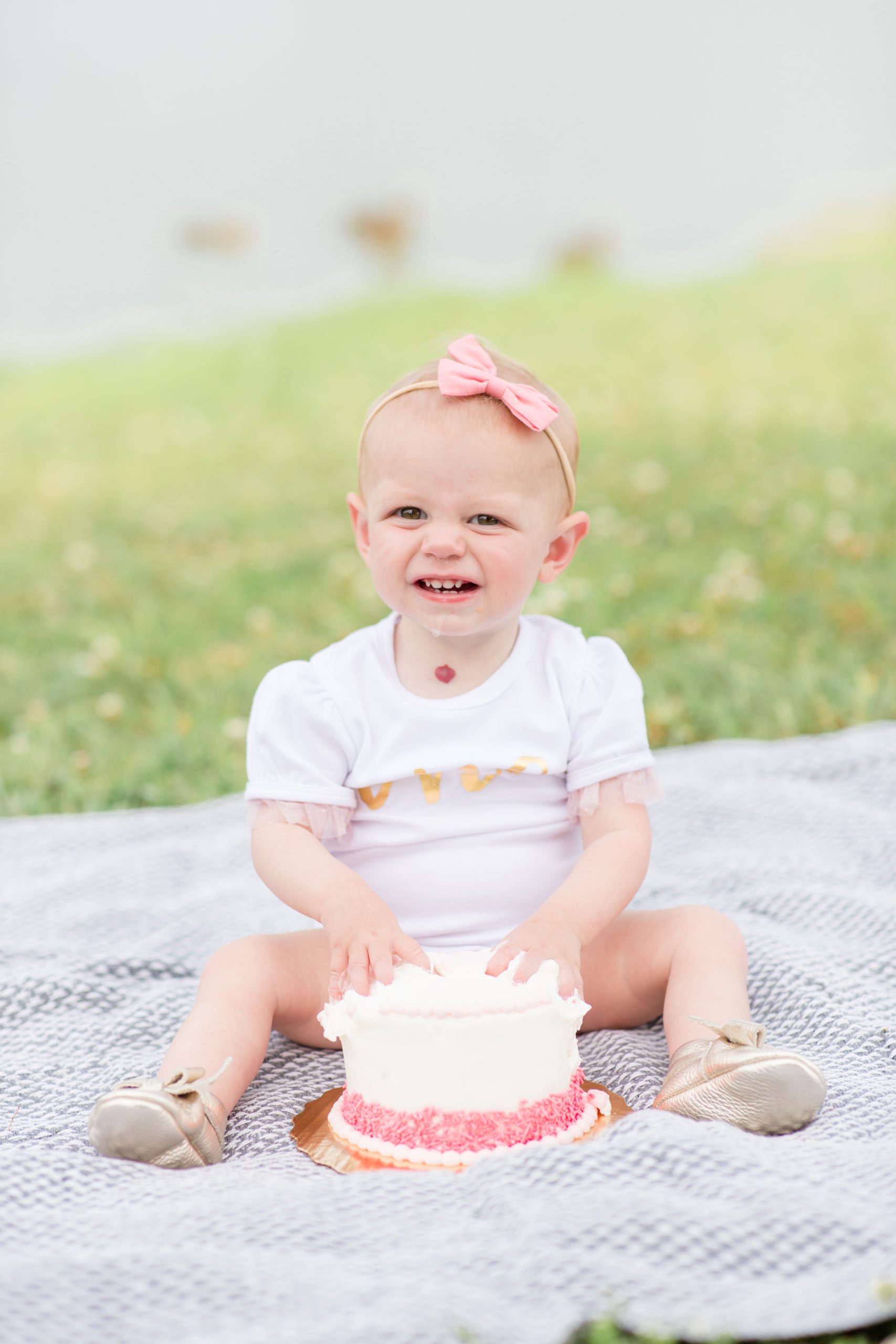 Baby girl sits in front of pond on blanket at Harlinsdale farm during first birthday smash cake session with family photographer and educator Rebecca Rice of Rebecca Rice Photography. Click to see more from this sweet session on the blog now! 