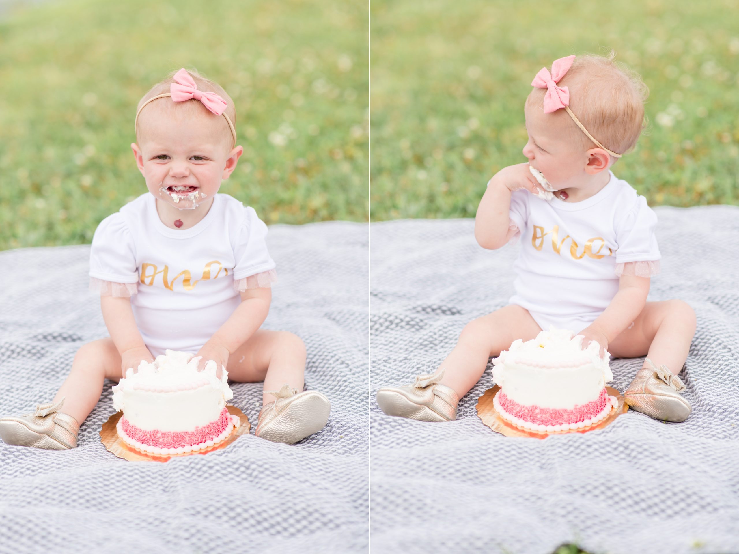 Baby girl sits in front of pond on blanket at Harlinsdale farm during first birthday smash cake session with family photographer and educator Rebecca Rice of Rebecca Rice Photography. Click to see more from this sweet session on the blog now! 
