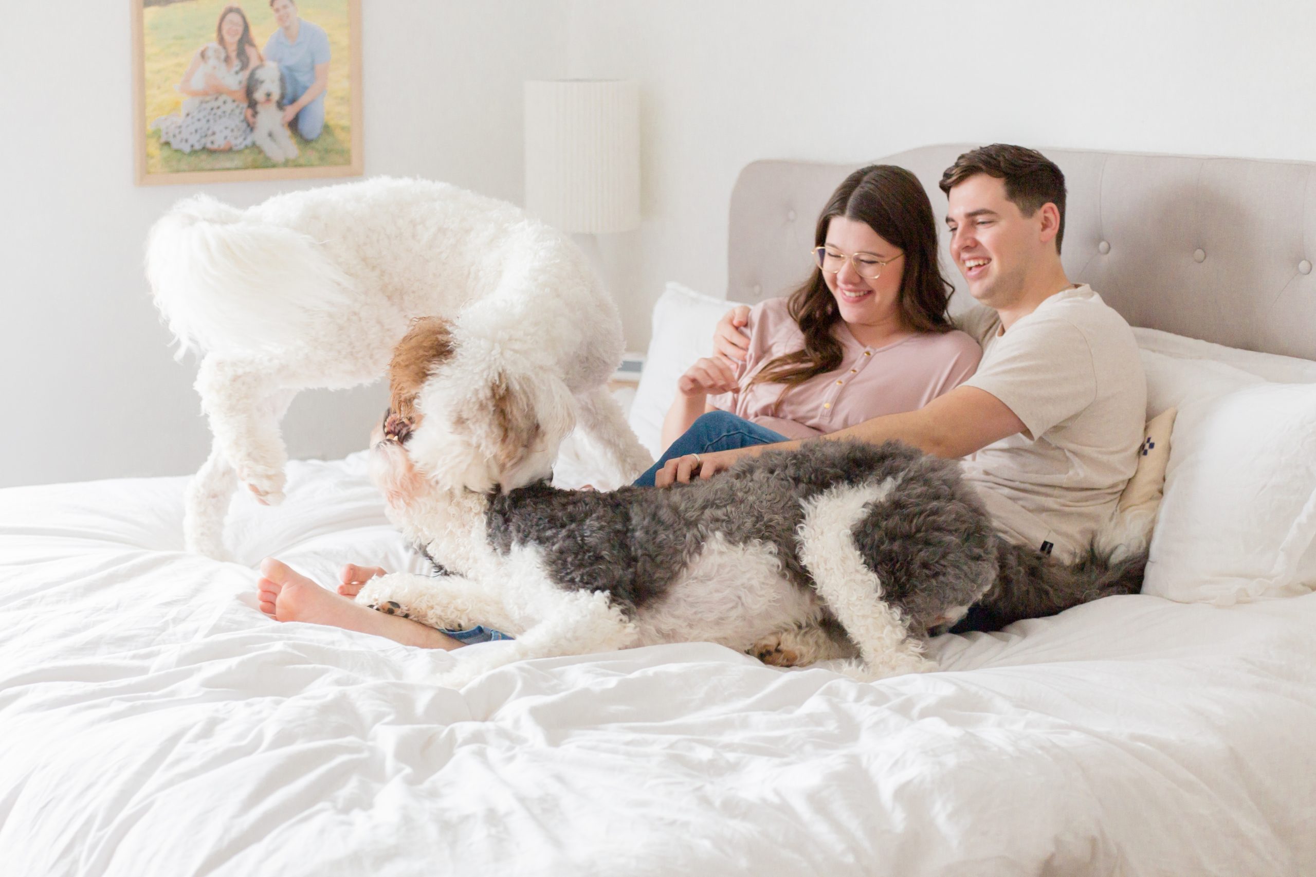 Expecting parents sit on bed during lifestyle maternity session while dogs play. This session was so special to me. Click here to see more from this maternity session by Rebecca Rice of Rebecca Rice Photography