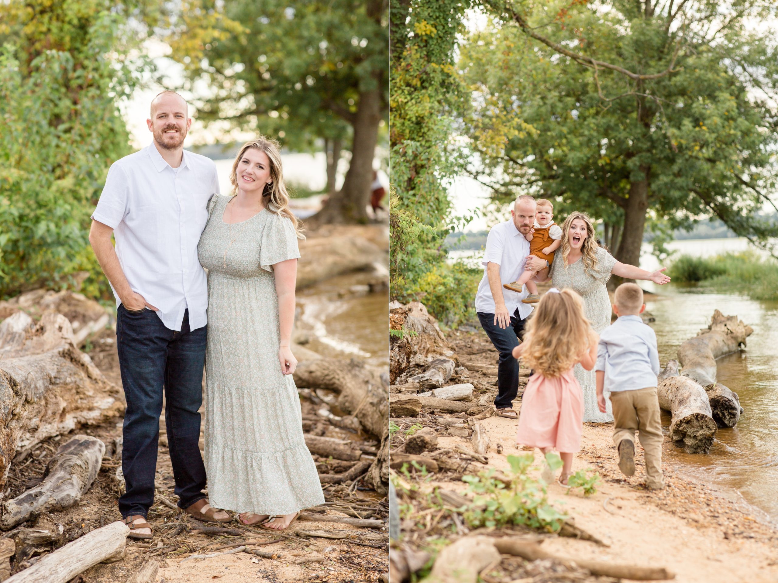 Mom and dad pose together and crouch down to catch running kids during fall portrait session with family photographer and educator Rebecca Rice of Rebecca Rice Photography. Click to see more from this portrait session live on the blog now! 