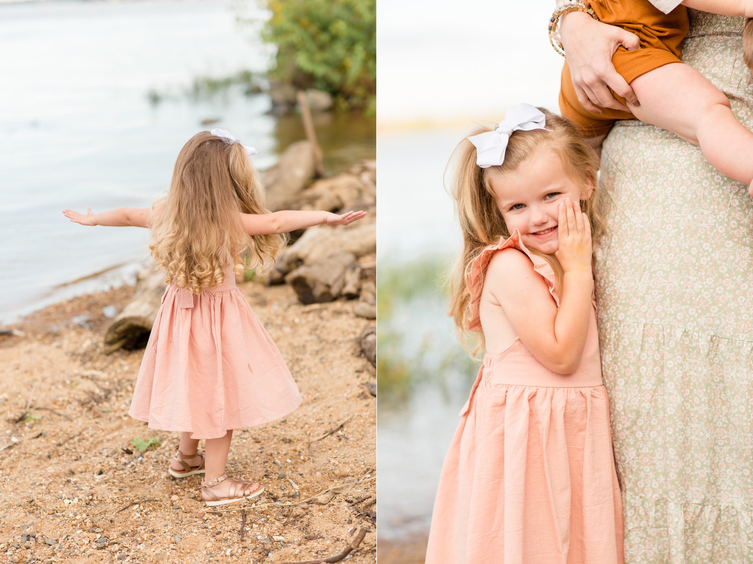 Girl hugs mom and twirls in circles during family portrait session in the fall at James River in Richmond, Virginia. Click to see more from this session shot by Rebecca Rice Photography! 