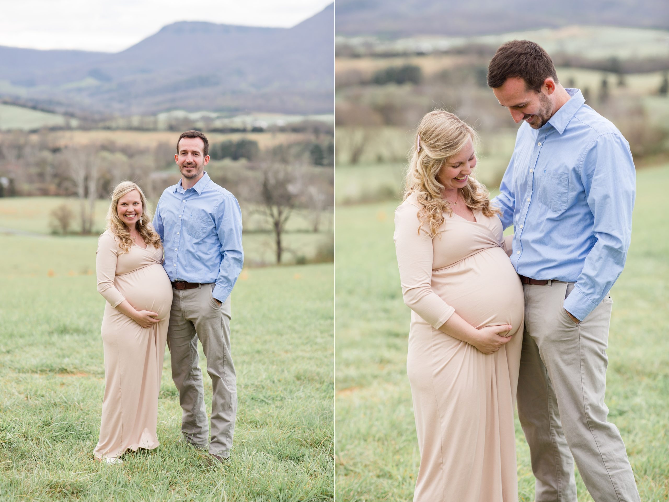 Mom and dad expecting new baby pose together during mountainside maternity session with family photographer and educator Rebecca Rice of Rebecca Rice Photography. This sweet maternity session was featured on the blog and on my monthly membership, Behind the Lens. Click to read more about this sweet session live on the blog now! 