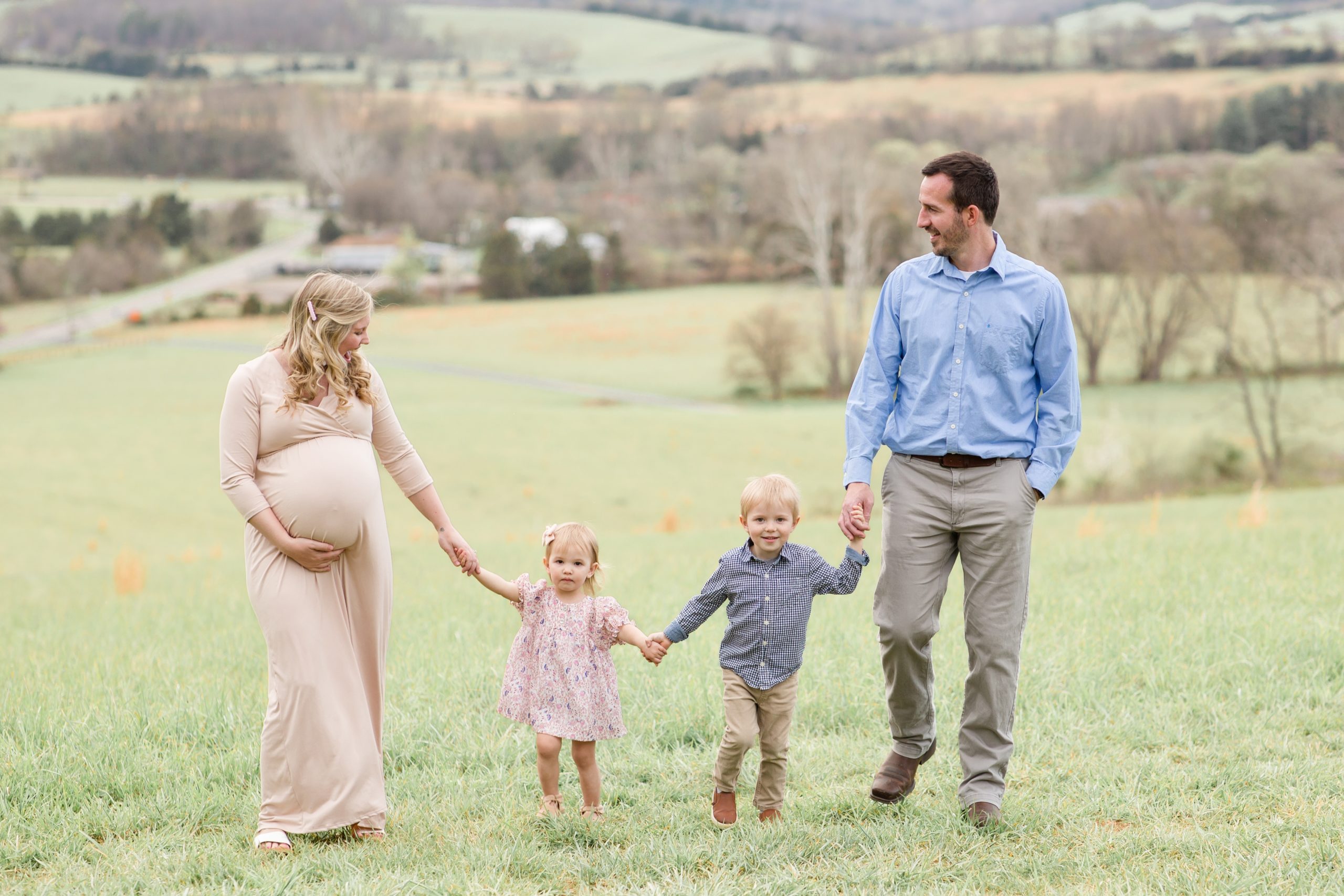 Family of 4 walks along mountainside hand in hand during maternity session with photographer and educator Rebecca Rice of Rebecca Rice Photography. This session was featured on my monthly membership. Click here to read more about it!