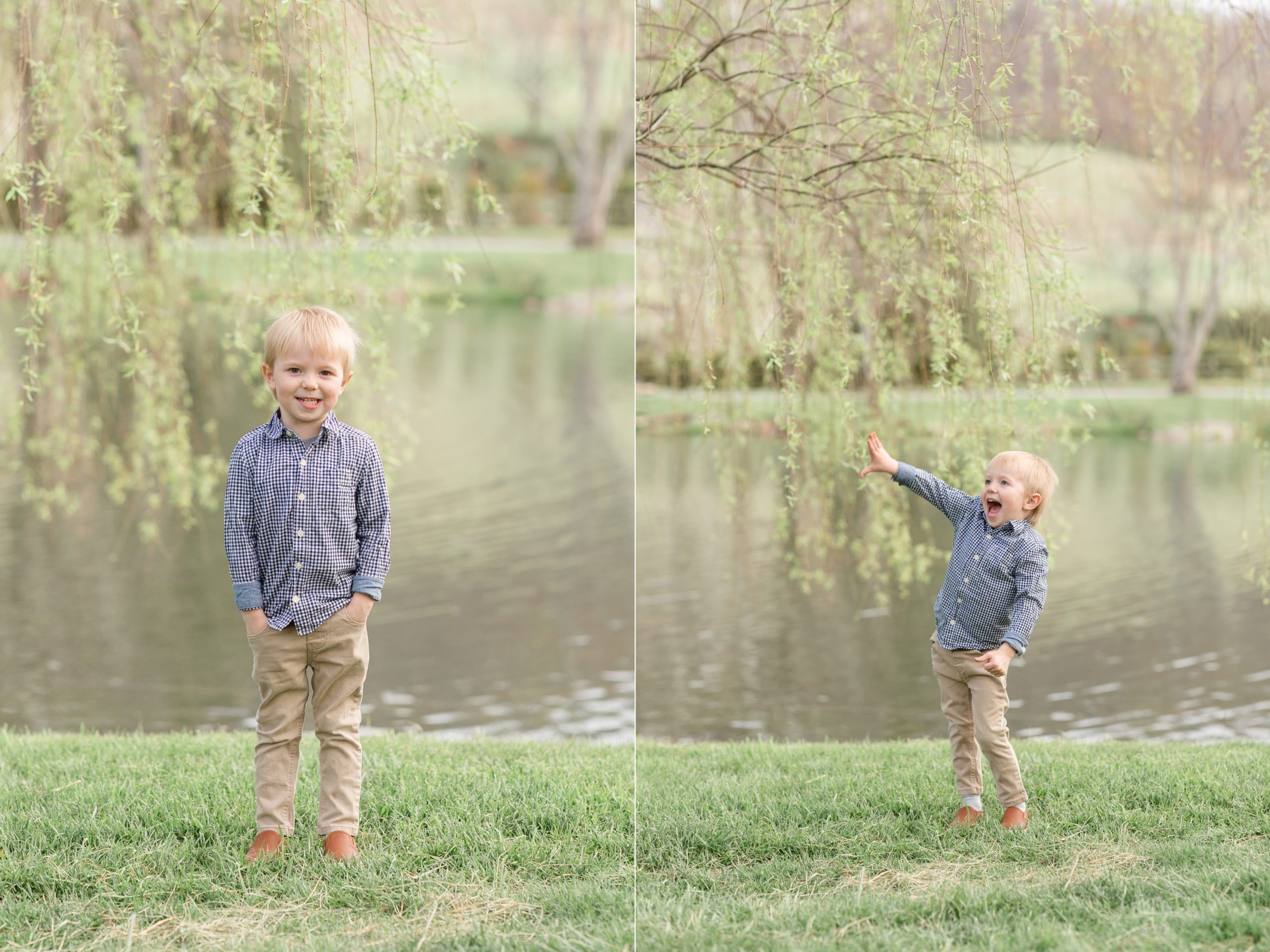 Boy poses under tree by the pond during family maternity session with Rebecca Rice Photography. Click to see more from this sweet session live on the blog now! 