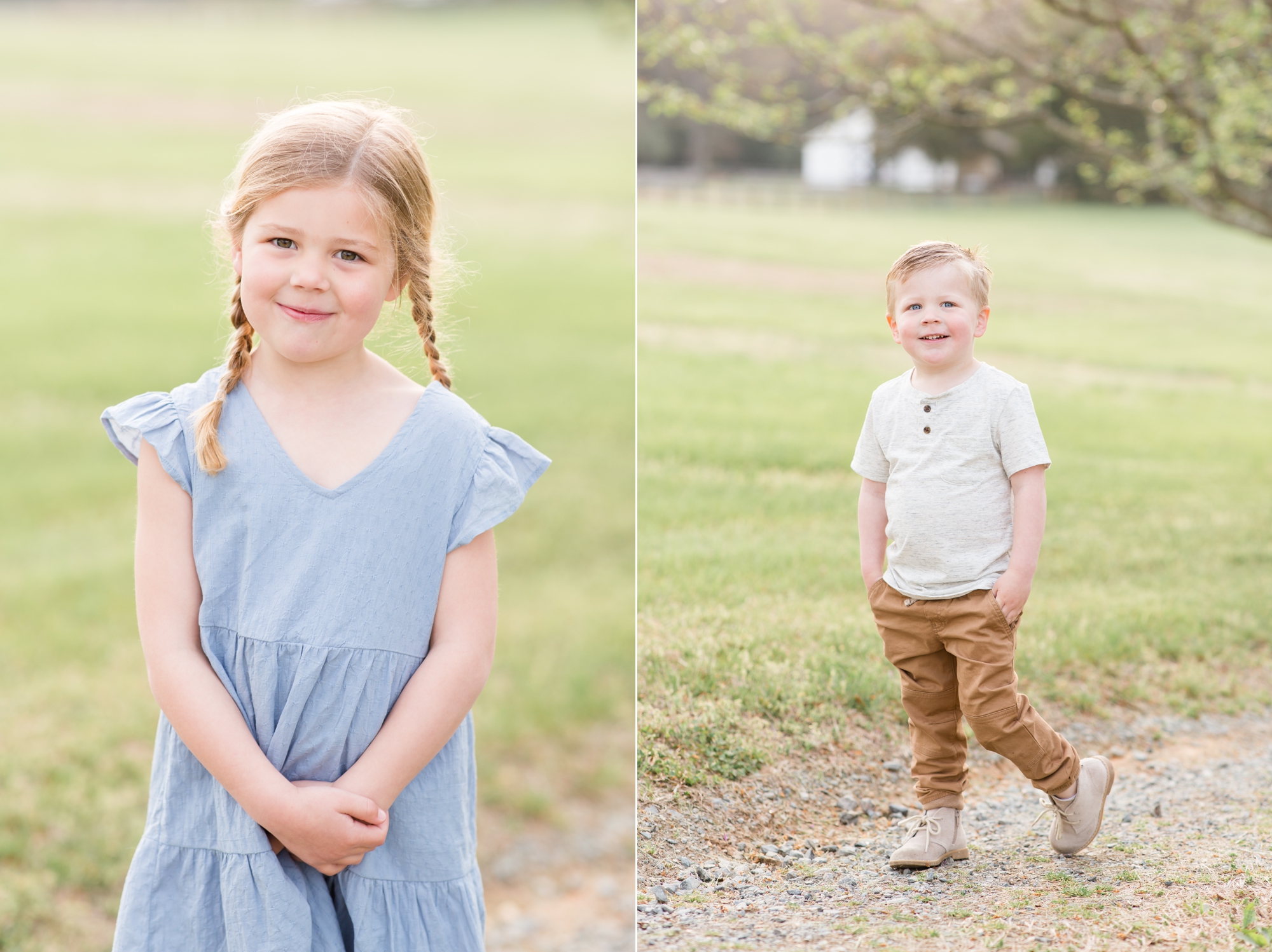 Girl in blue dress and braids and boy in white shirt and khakis pose on gravel road in Richmond, VA during family portrait session with Rebecca Rice of Rebecca Rice Photography. This session was featured on my monthly membership, Behind the Lens. Go along with me on this session and see how I pose these sweet kiddos and the whole family! Click to learn more! 