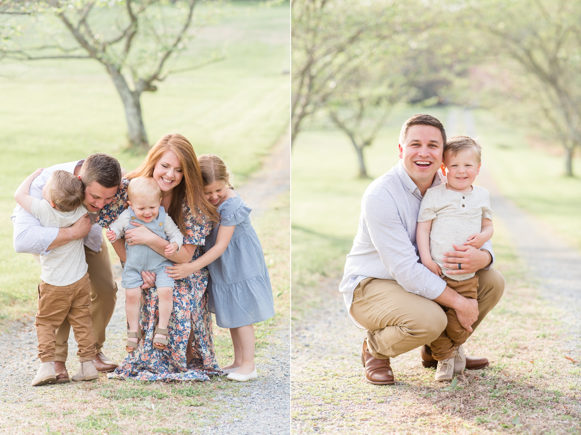 Family of 5 poses on gravel path between trees during family portrait session in the spring in Richmond, Virginia with family photographer and educator Rebecca Rice of Rebecca Rice Photography. Click to seem more from this sweet session live on the blog now! 