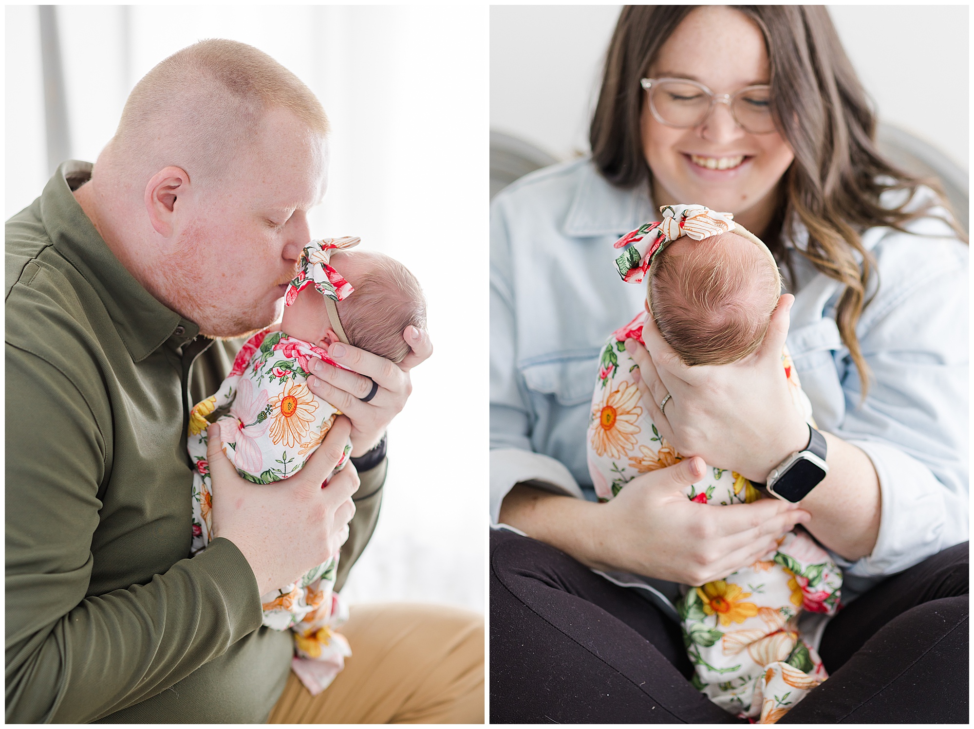 Dad in green long sleeve shirt kisses newborn daughter in colorful swaddle and bow. Mom in light blue button down holds sweet newborn daughter during Behind the Lens lifestyle newborn session in McKinney, TX. 