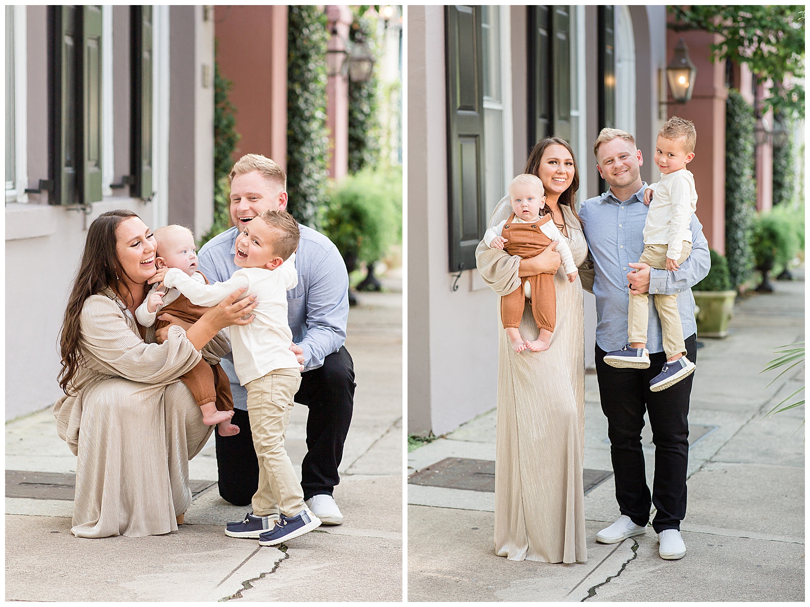 Mom, Dad, and two sons share a laugh together as they have their family session on Rainbow Row. Charleston family photographer, Rebecca Rice, captures family of 4 smiling at the camera.