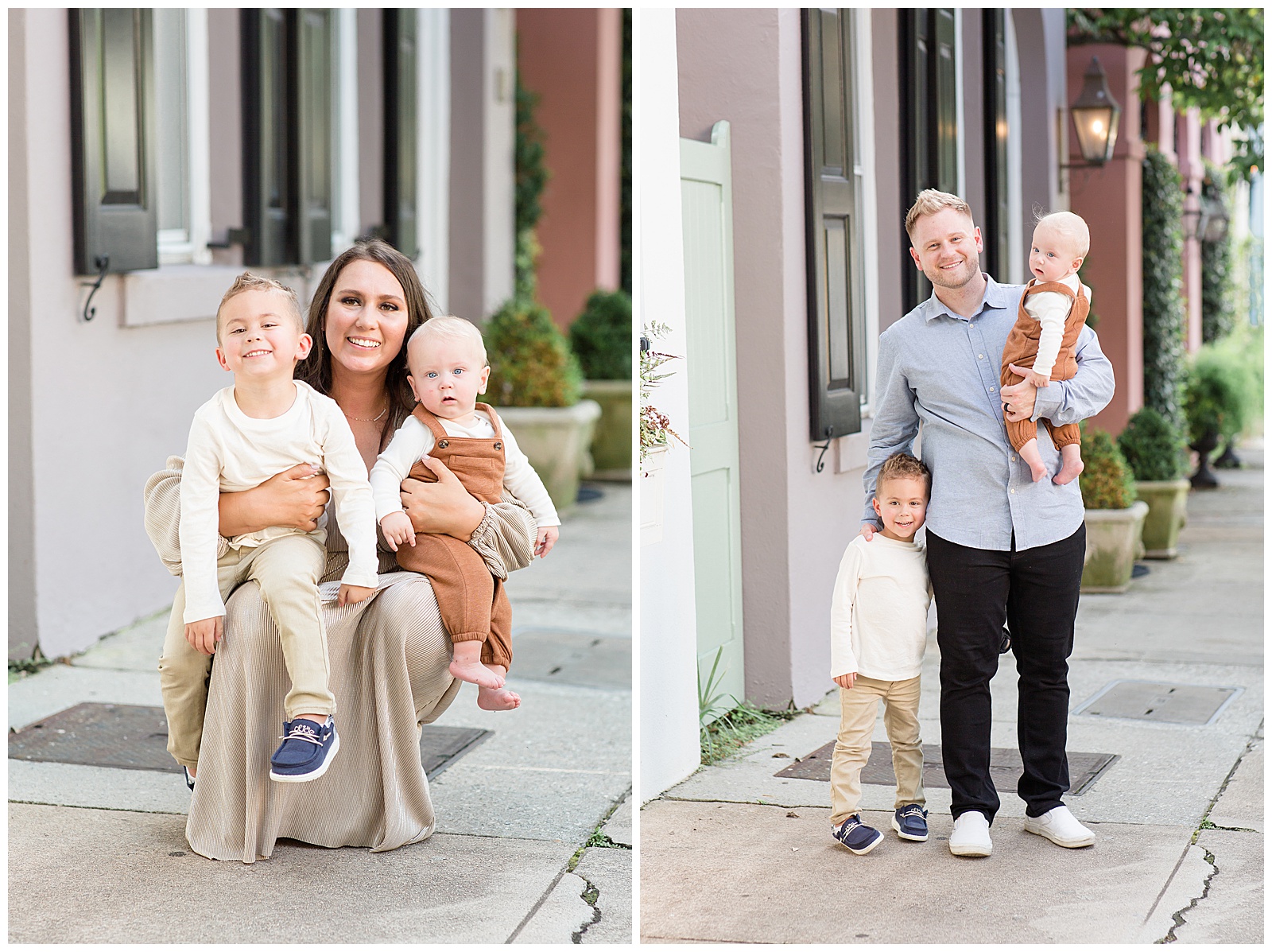 Mom squats and hold sons on her knees as she smiles at the camera of Rebecca Rice Photography in Charleston, SC. Dad holds sons in separate image as he holds the baby on his hip and the toddler stands next Dad putting his head on his hip.