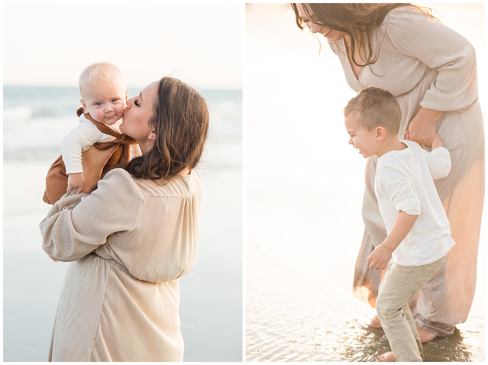 One picture has mom holding baby boy as she kisses him on the cheek on the beaches of Charleston. The other image has mom holding oldest sons hand as they put their toes in the ocean waters.