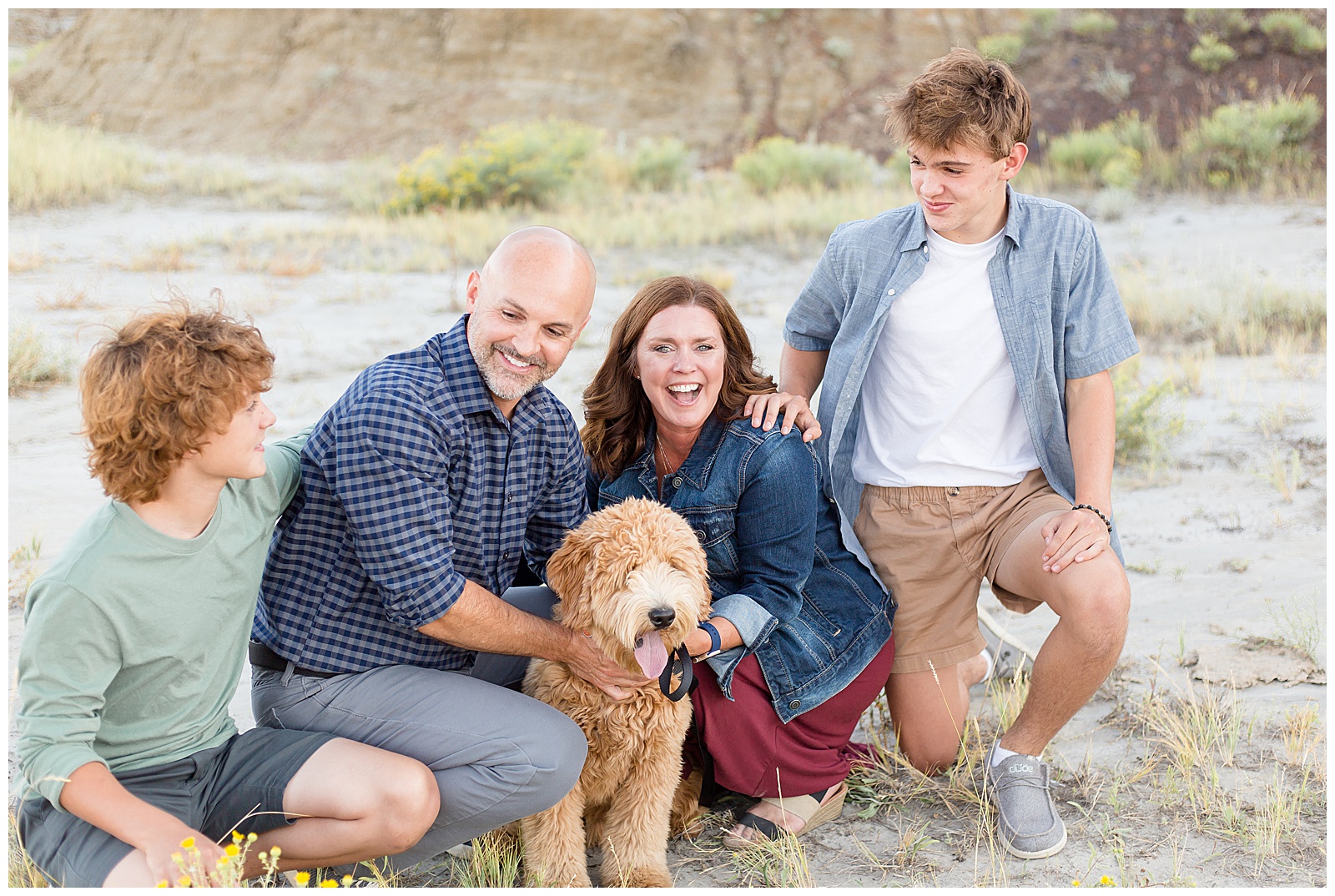 Learn to take family photography pictures with Rebeca Rice Photography for family photography. Behind the Lens is a membership course for family photographers. Family laughs with each other and their doodle puppy for their family photography session in North Dakota.
