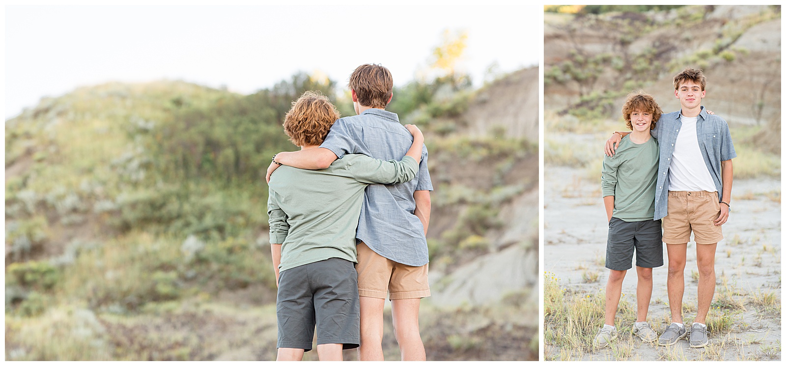 Teen boy sons put arms around each other as they look off at the hills of North Dakota for their family photography session with Rebecca Rice Photography. Boys wear coordinating outfits for their family photography session wearing blue, green, and grey colors.