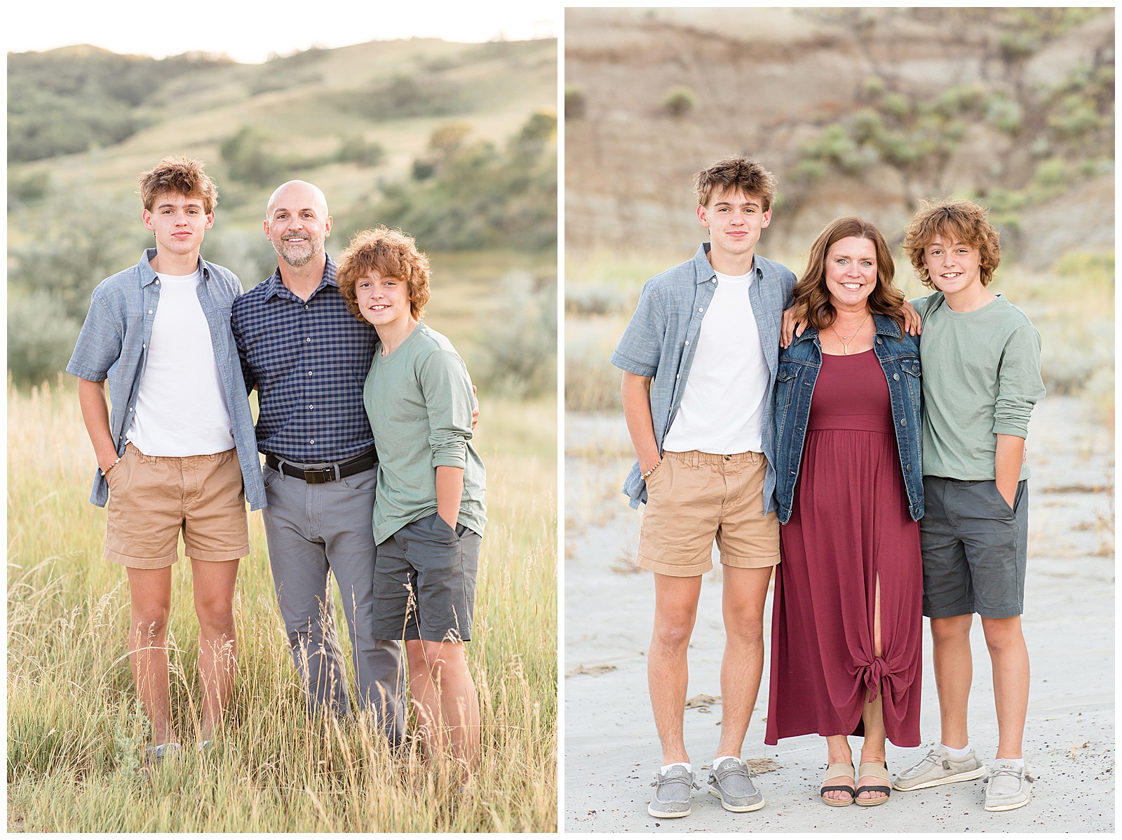 Mom smiles with teen boys for Rebecca Rice Photography during their family photography session in North Dakota. Dad also smiles with teen boys for course for family photographers created by Rebecca Rice Photography.