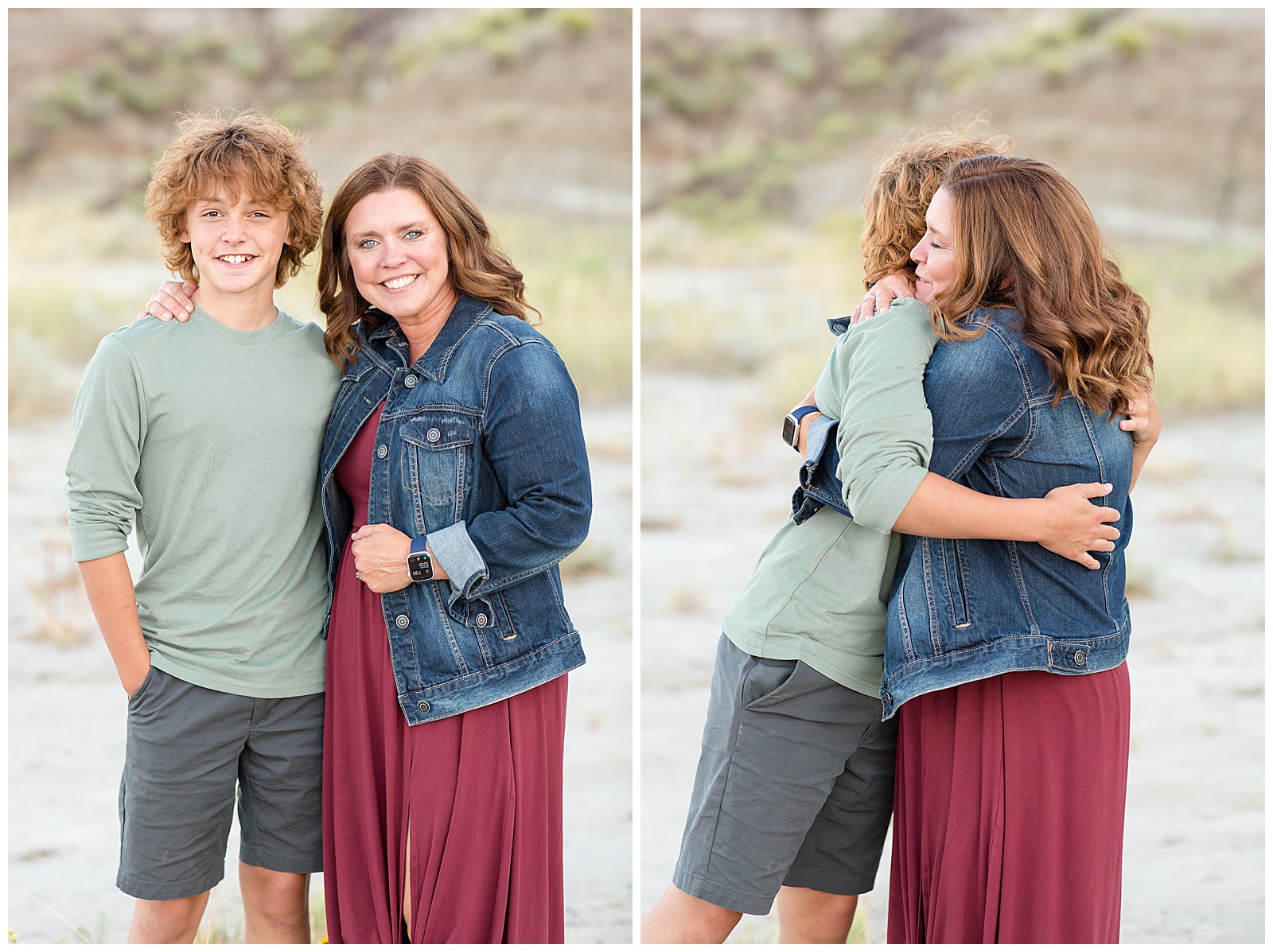 Mom takes picture with teen son during family photography session in North Dakota taken by Rebecca Rice Photography. Mom hugs teen son wearing coordinating outfits in burgundy, denim, and green.