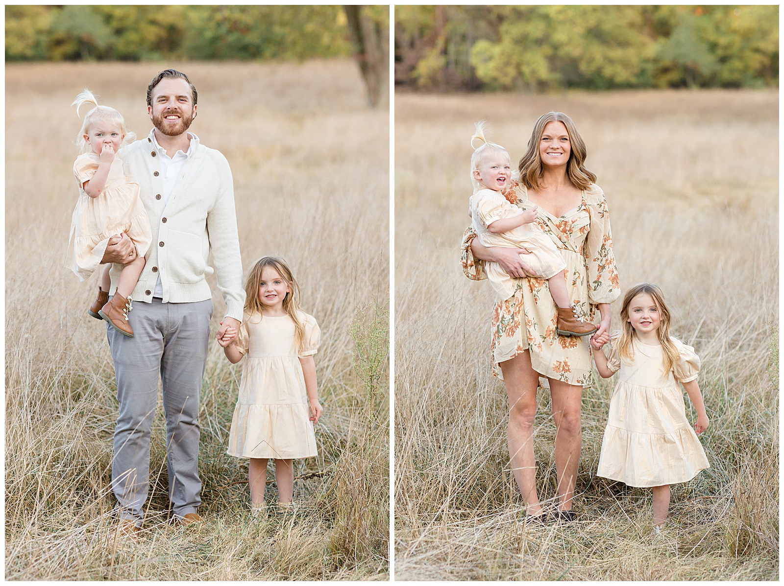 Family sessions should always include an image of Dad with his children and Mom with the children.  This is two images side by side of Dad with his daughters and Mom with her daughters all smiling at the camera.  Click to see more on the blog today from Rebecca Rice Photography!