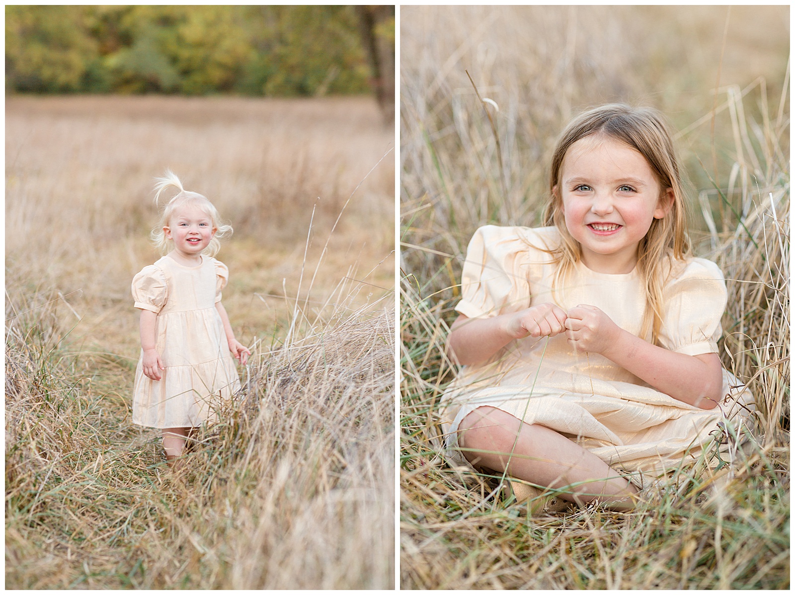 Individual pictures of each daughter capture their personalities during their Nashville family session with Nashville family photographer, Rebecca Rice Photography.  Girls wear matching pale yellow/gold shimmery dresses as they both smile at the camera.