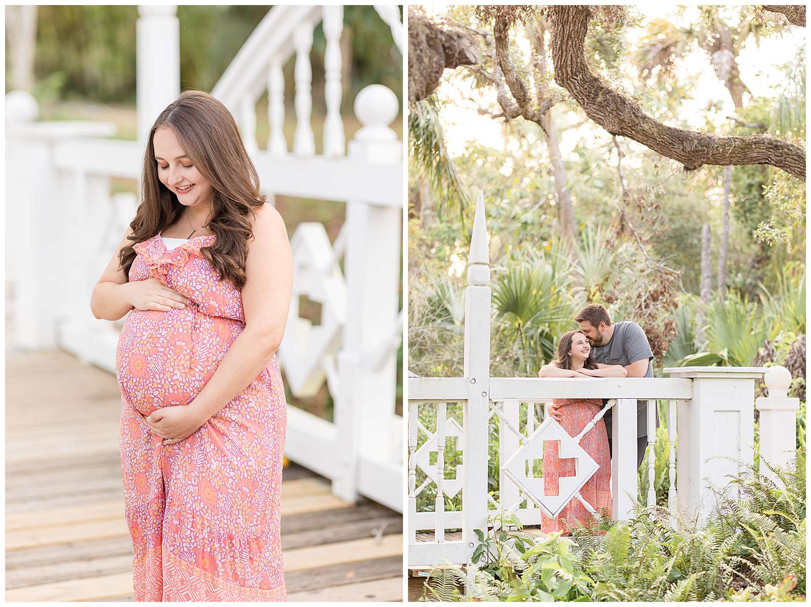 A foot and a half difference between an expecting couple is captured by Rebecca Rice Photography for her Behind the Lens membership.  Pregnant momma wears a designed dress of peach, orange, and pink tons and holds her belly.  The couple stands on a bridge and shares an intimate, happy moment together during their Florida maternity session.