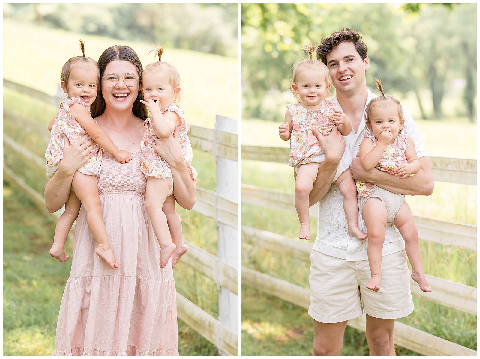 Photo session with twin 1 year old girls during their Nashville family portraits show one image with mom and her holding her daughters close to her cheeks and smiling at the camera wearing coordinating outfits in blush and muted pink tones. The other image shows Dad holding his twin girls and they all look at the camera of Rebecca Rice Photography! Click to see more from this session on the blog today! -rebeccaricephoto.com